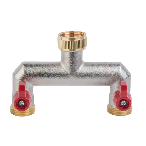Rozdzielacz 2-drożny z GZ 3/4" z zaworami kulowymi na kran GW 3/4" MOSIĄDZ niklowany